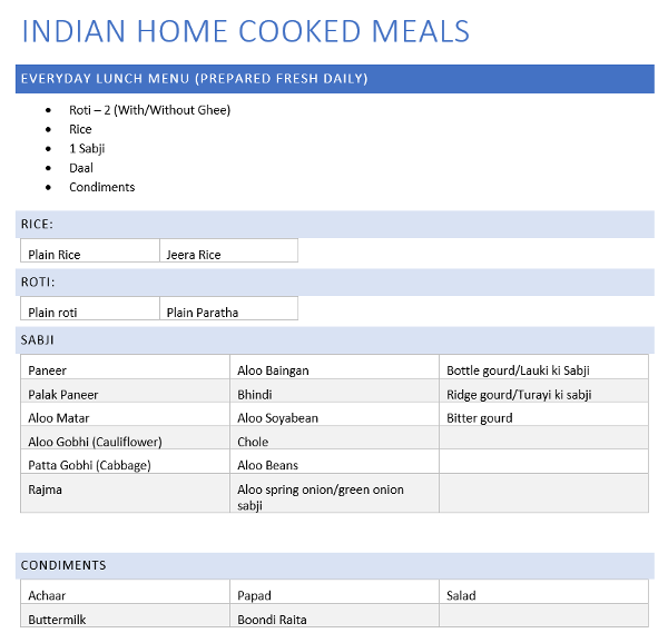 Tiffin Menu